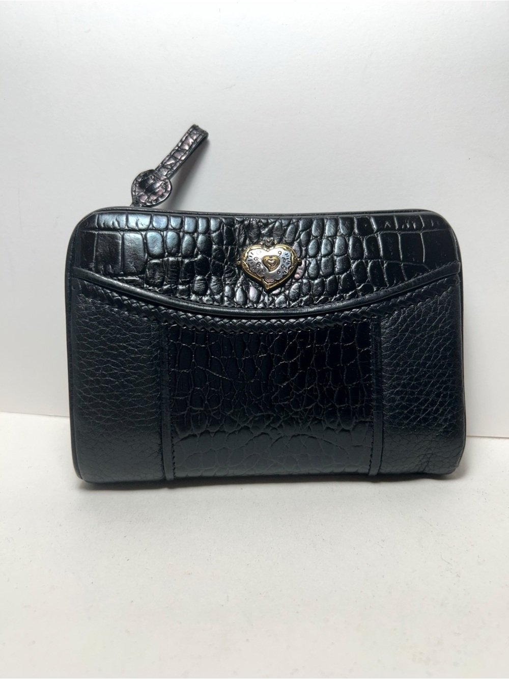 Brighton Black Croc-Embossed Heart Accent Leather Bi-fold Wallet EUC